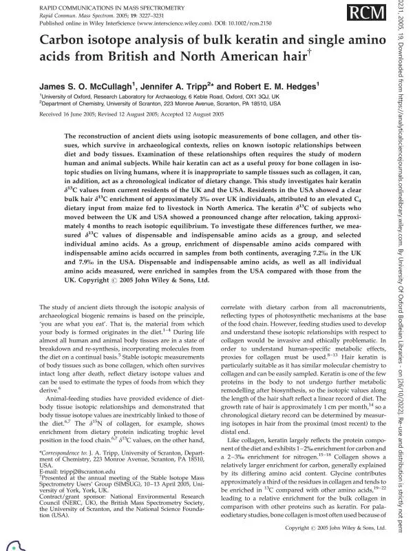 carbon isotope analysis of bulk keratin and single amino acids from british and north american hair