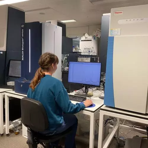 A research assistant using a MALDI Biotyper Sirius instrument